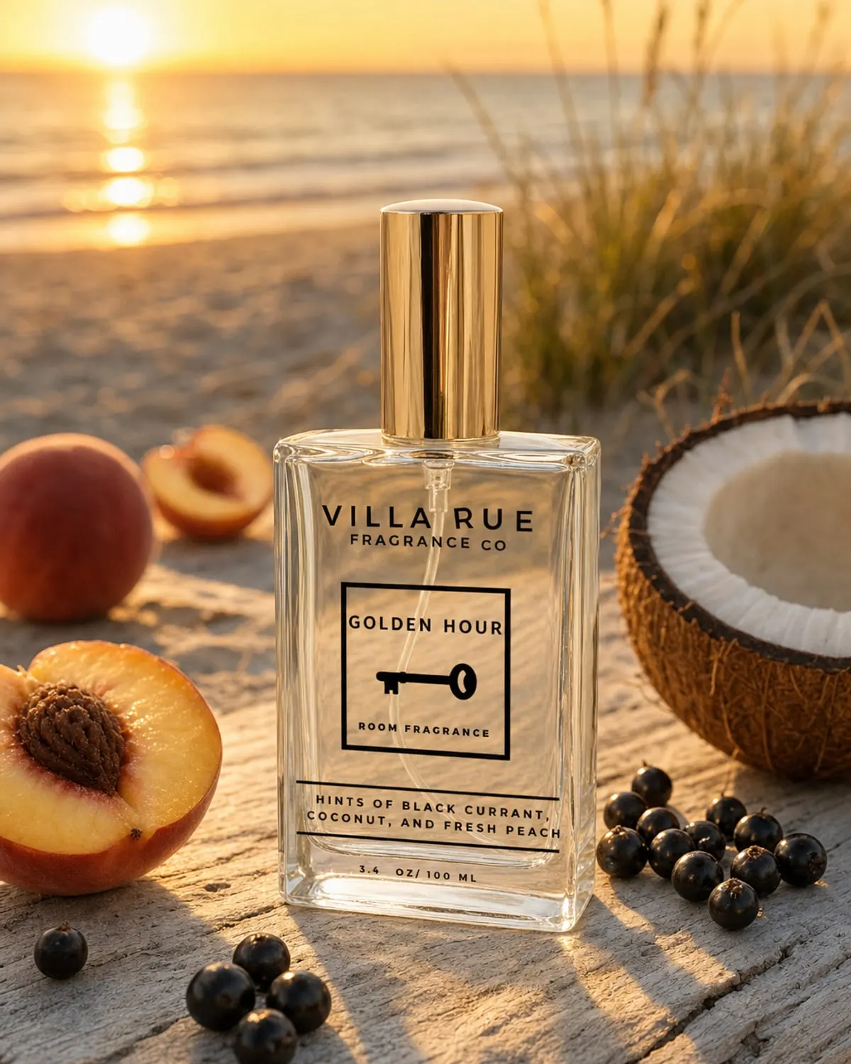 A Villa Rue room & body mist on sun-warmed driftwood with peaches, coconut and black currants