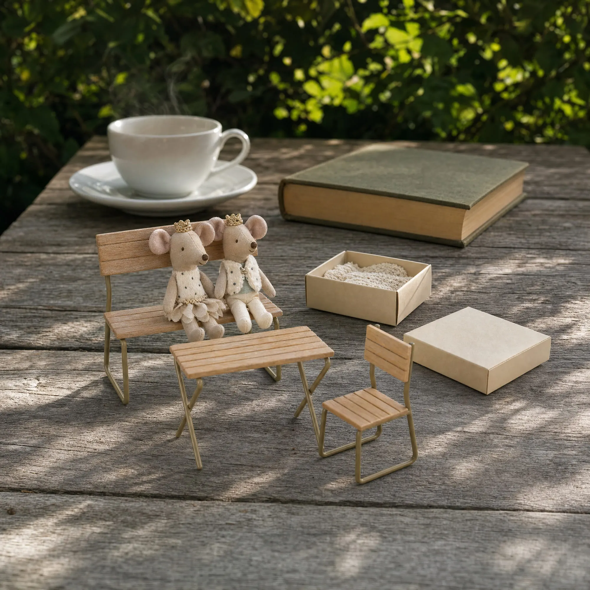 Maileg mouse garden set with the royal twin mice in gold crowns, their matchbox, a teacup and a book