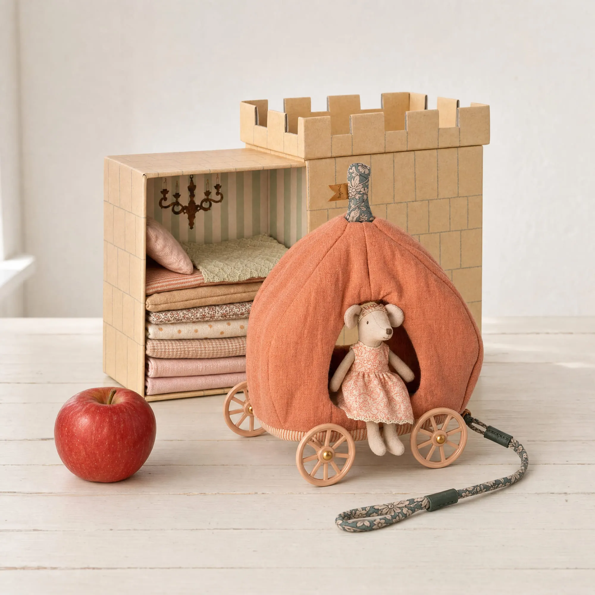 Maileg pumpkin carriage with the princess mouse, the Princess and the Pea castle, seven mattresses and an apple