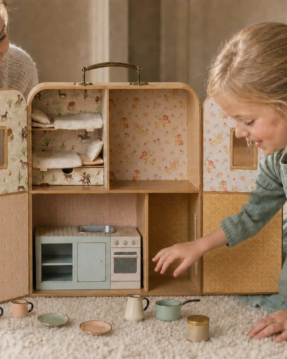 Maileg SuitCasa mouse house opened flat with the mouse kitchen counter as a mother and daughter play together