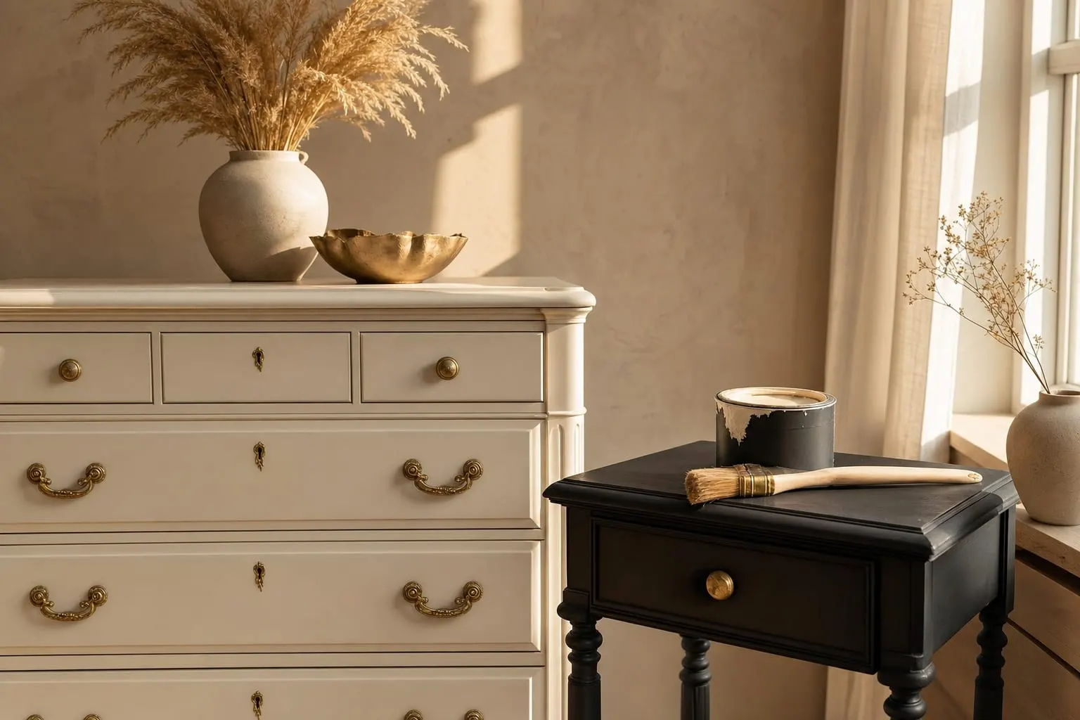 A Wise Owl painted furniture vignette with stoneware and brass