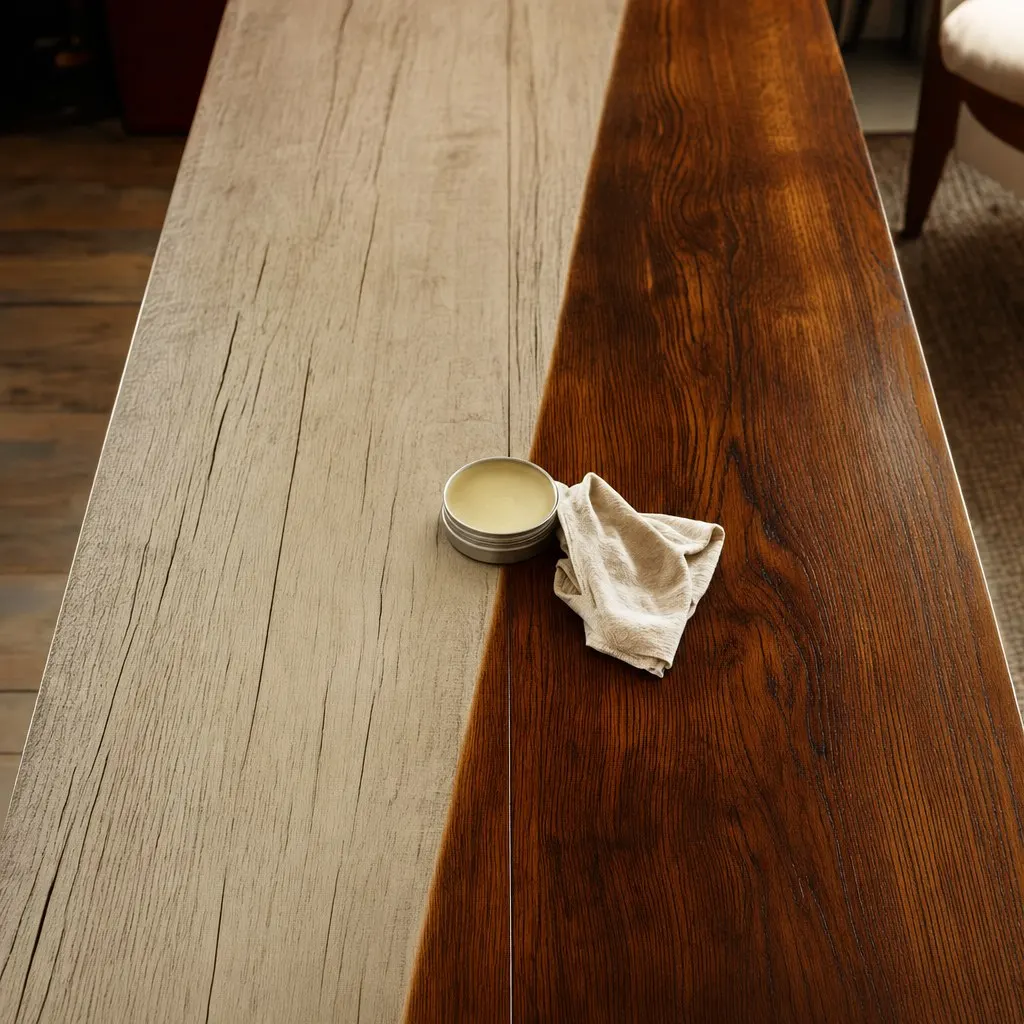 Bare, thirsty wood on the left versus the same wood deeply revived and glowing after Furniture Salve on the right