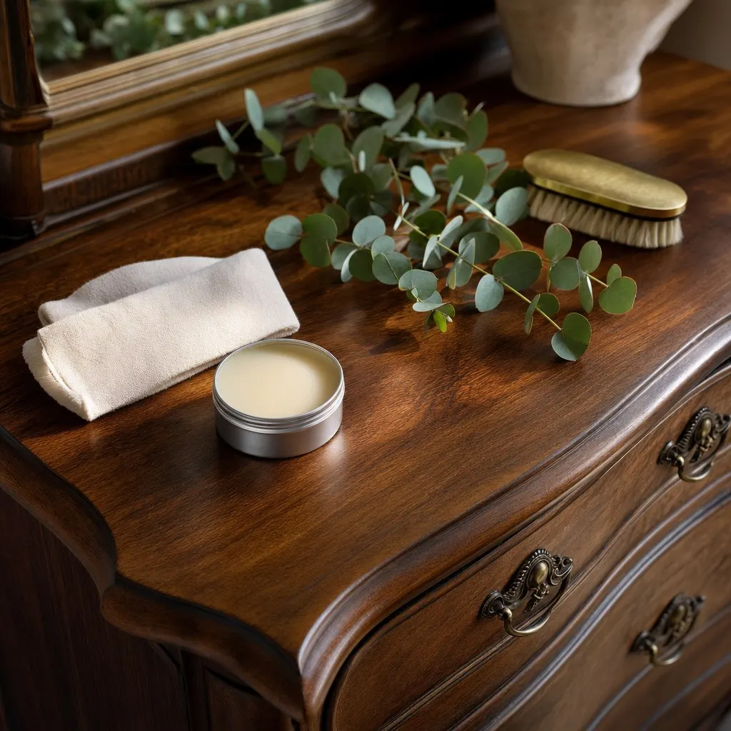 An open tin of Wise Owl Furniture Salve and a soft cloth on a richly revived antique wood dresser