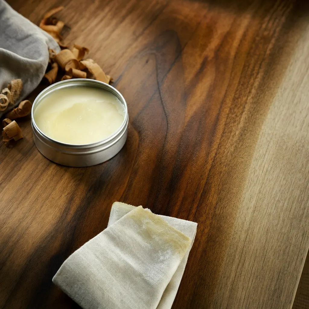 Buffing Wise Owl Furniture Salve into a walnut surface with a soft cloth