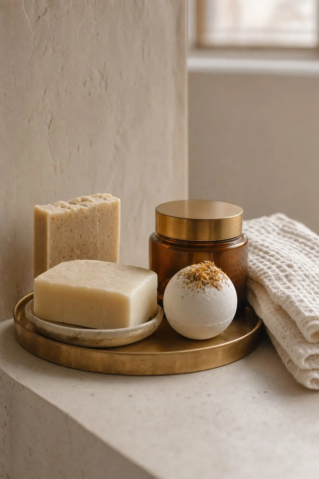 Hand-cut soap bars, a botanical bath bomb and an amber jar on a brass tray