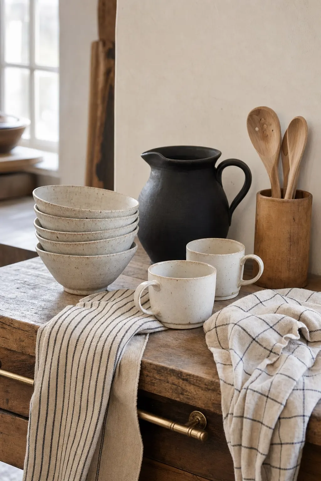 Speckled cream stoneware bowls, a matte black pitcher and striped tea towels on a worn wooden counter