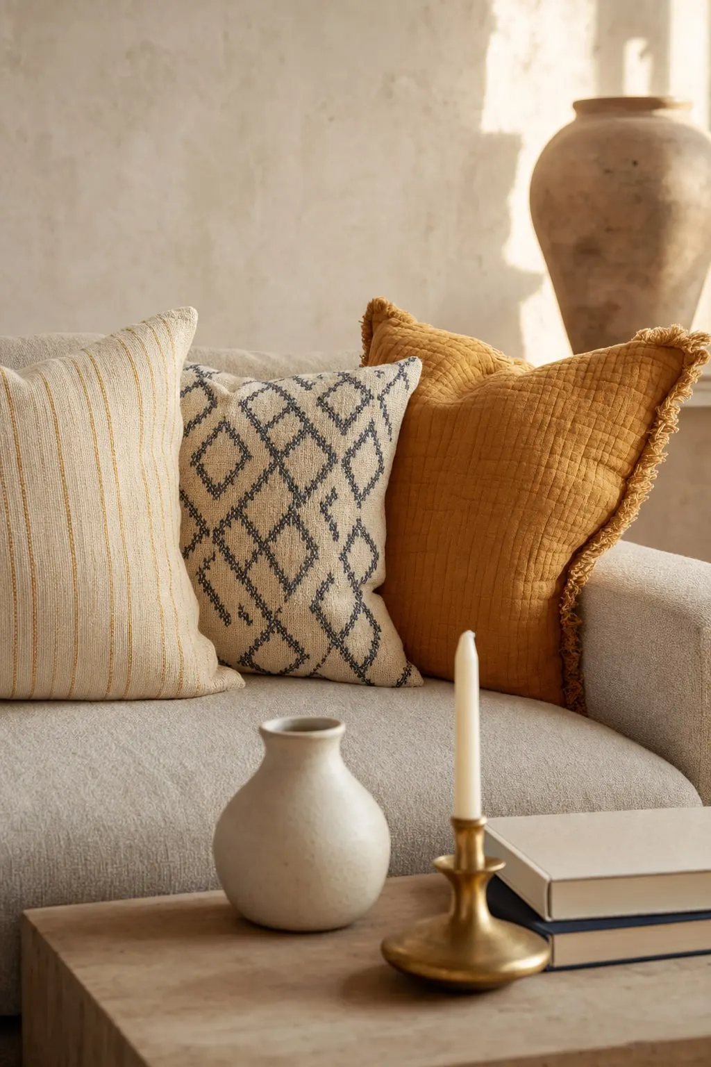 Woven cream, indigo and ochre cushions on a linen sofa beside a brass candle holder