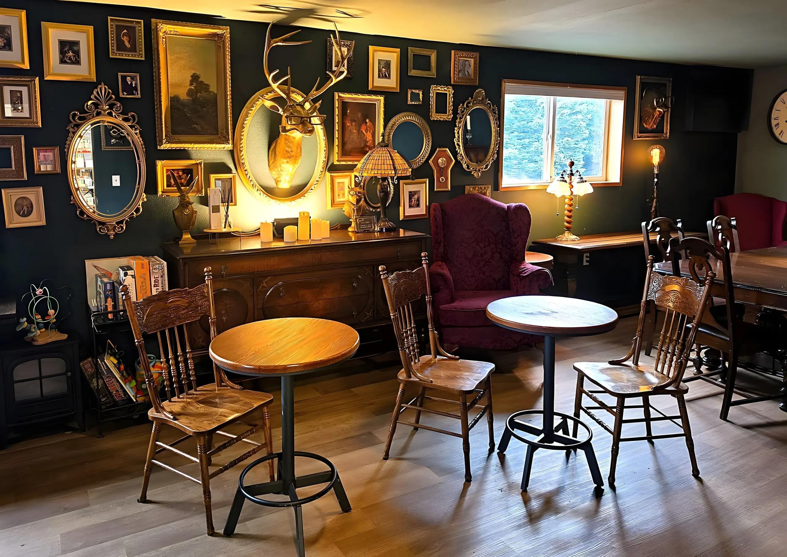 The gold-framed gallery wall and lounge inside Stellar Luxe