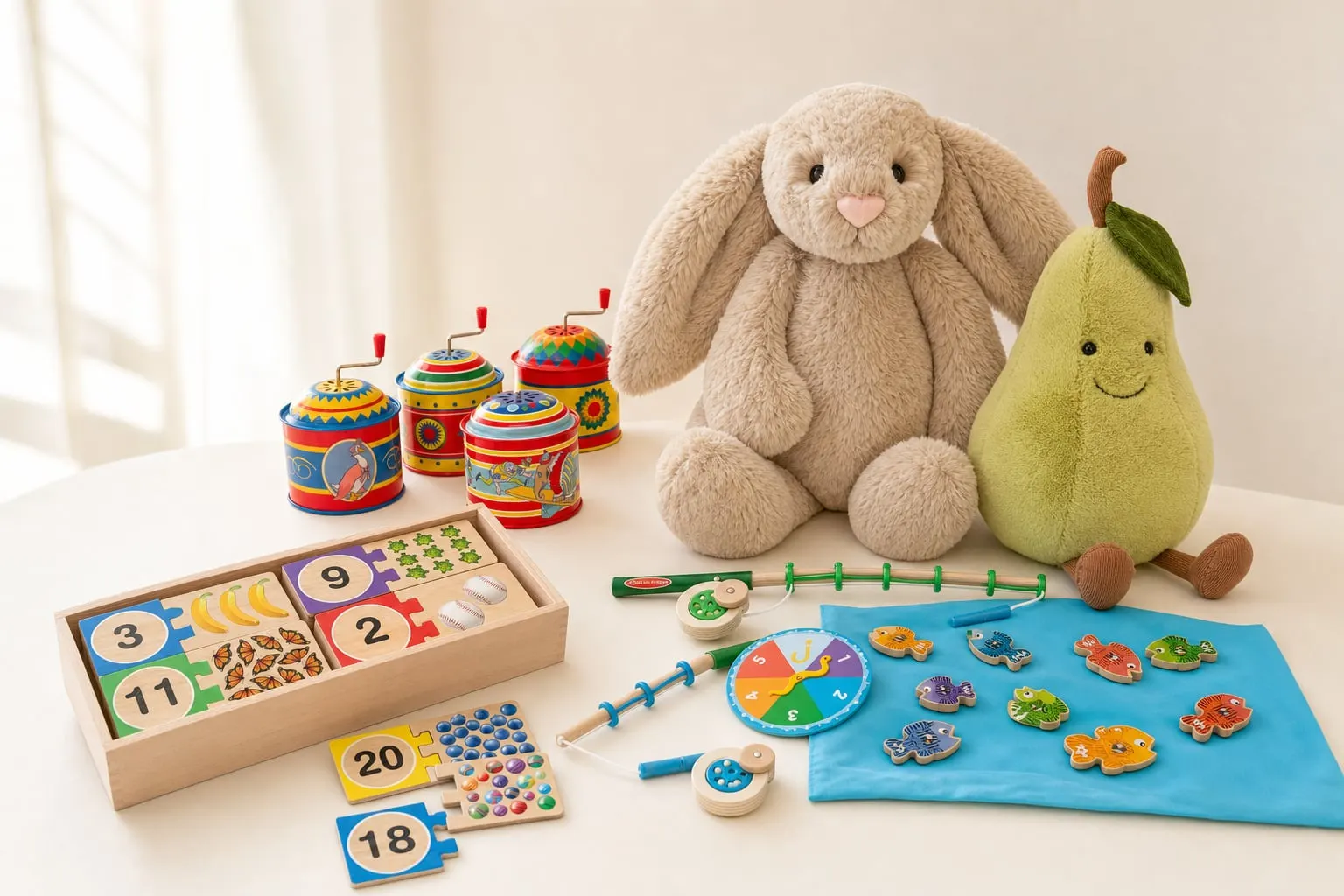 A Jellycat Bashful Bunny and Amuseables Pear beside wooden games and tin music boxes in warm window light