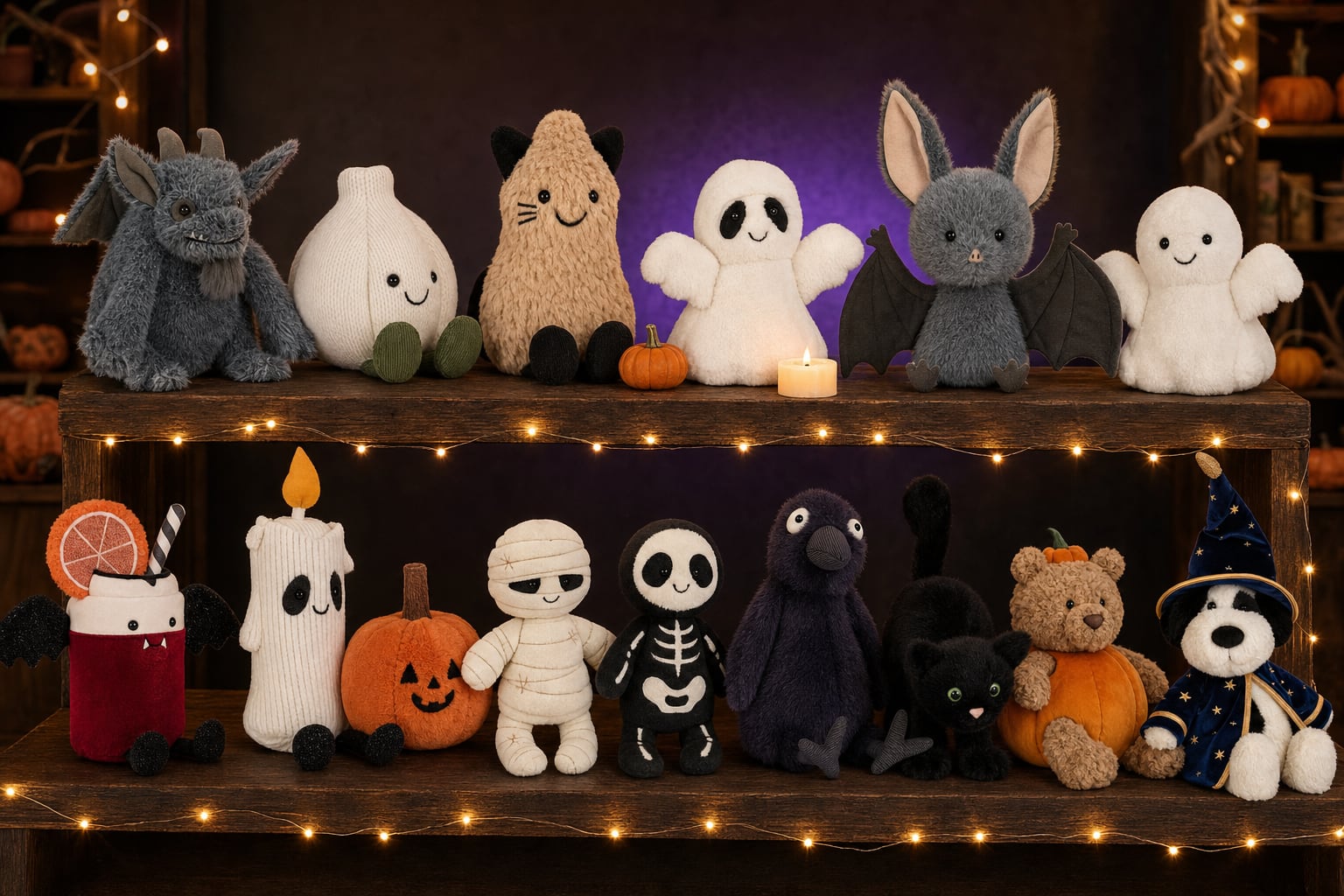 Sixteen Halloween Jellycat plush toys on two shelves strung with amber lights under a purple glow: Growlston Gargoyle, Amuseables Garlic, Amuseables Peanut Cat Outfit, Ghost Bob, Broox Bat, Mysti Ghost, Amuseables Vampop Drink, Amuseables Flickerty Candle, Ooky Jack O Lantern, Mummy Bob, Skeleton Bob, Hocus Crow, Spookipaws Cat, Amuseables Ooky Ghost, Bartholomew Pumpkin and Rufferty Puppy Wizard Outfit