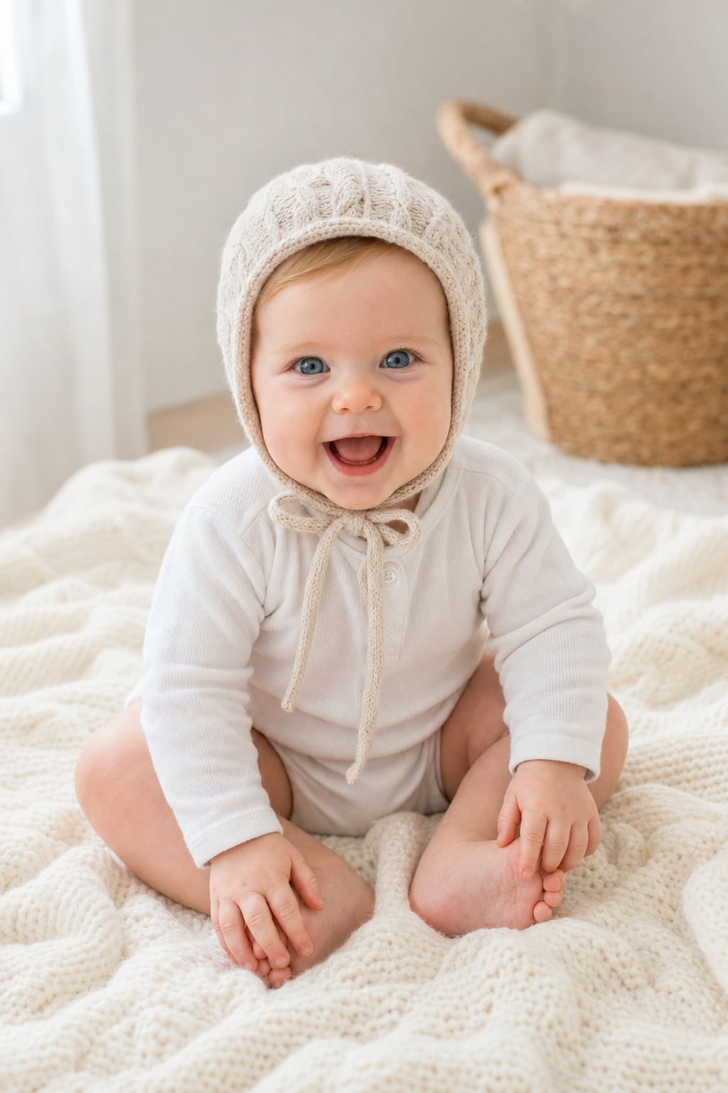 A smiling blue-eyed baby in an oatmeal cable-knit bonnet and white onesie sitting on a cream knitted blanket